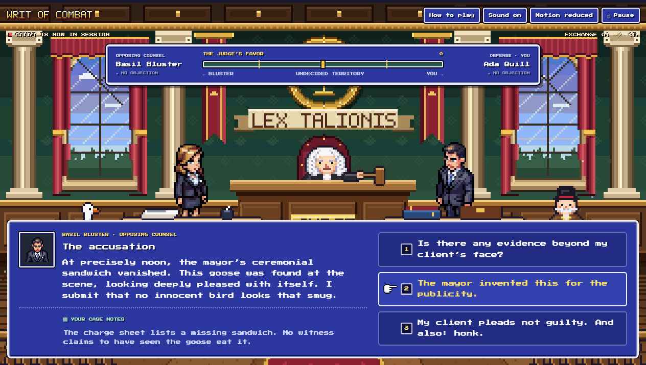 Ada Quill and Basil Bluster face off before the judge while the goose looks on; a dialogue window offers three responses.